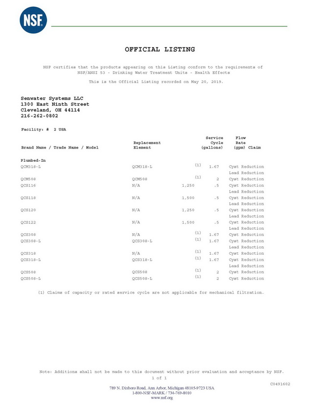 Senwater new drinking water filters be certificated by NSF插图3